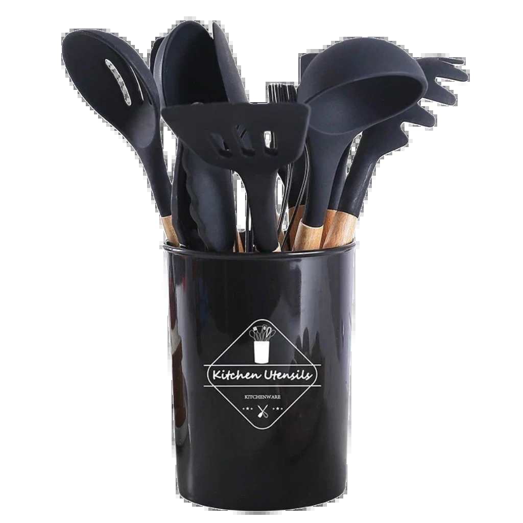 Conjunto de Utensílios Ambiencci para Cozinha com Cabo de Madeira e Silicone (12 peças)