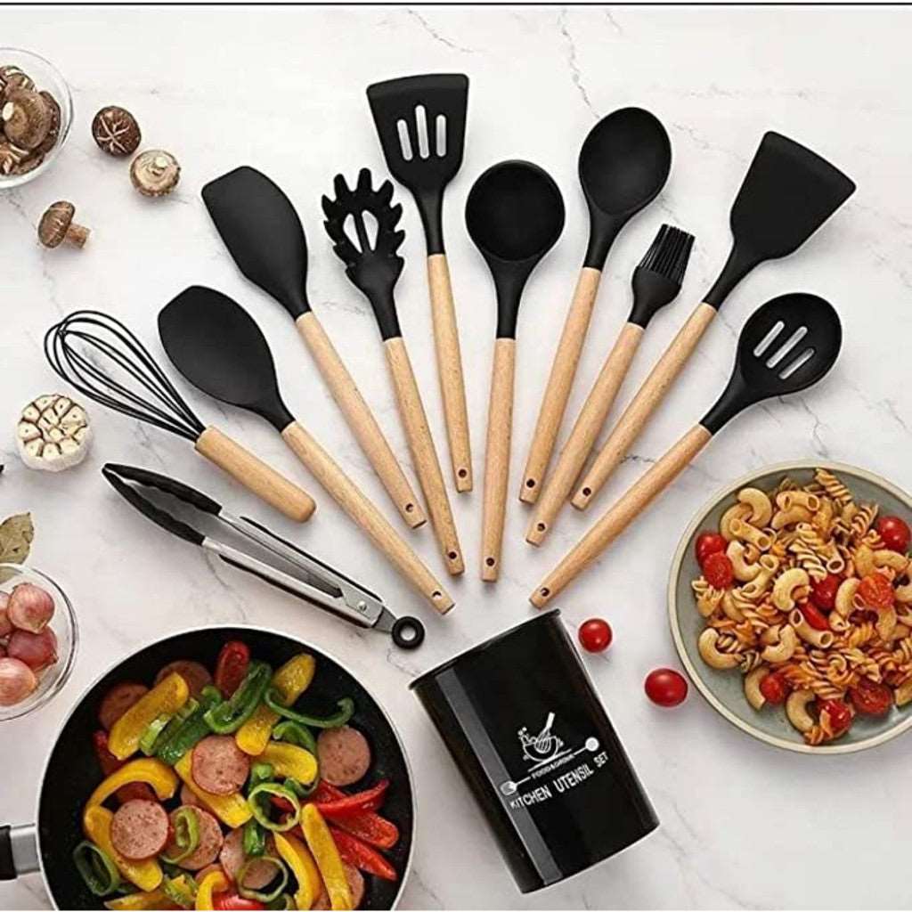 Conjunto de Utensílios Ambiencci para Cozinha com Cabo de Madeira e Silicone (12 peças)