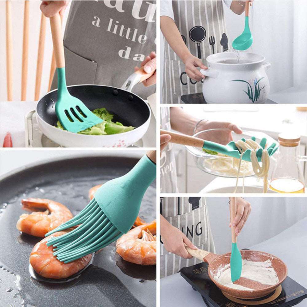 Conjunto de Utensílios Ambiencci para Cozinha com Cabo de Madeira e Silicone (12 peças)