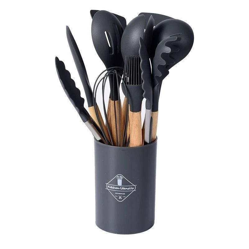 12 utensílios - Conjunto de Utensílios Ambiencci para Cozinha com Cabo de Madeira e Silicone (12 peças)