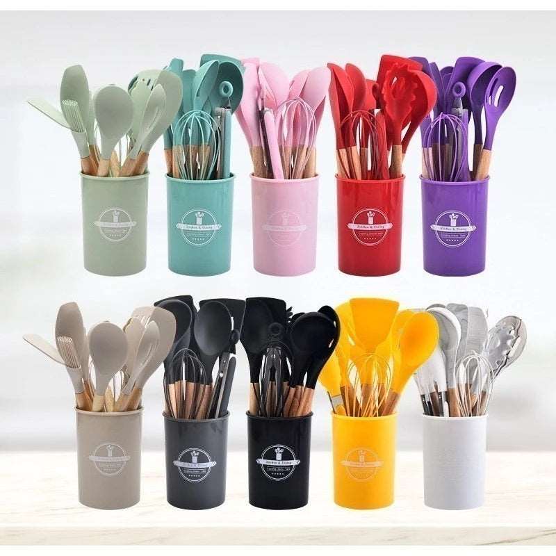 Conjunto de Utensílios Ambiencci para Cozinha com Cabo de Madeira e Silicone (12 peças)