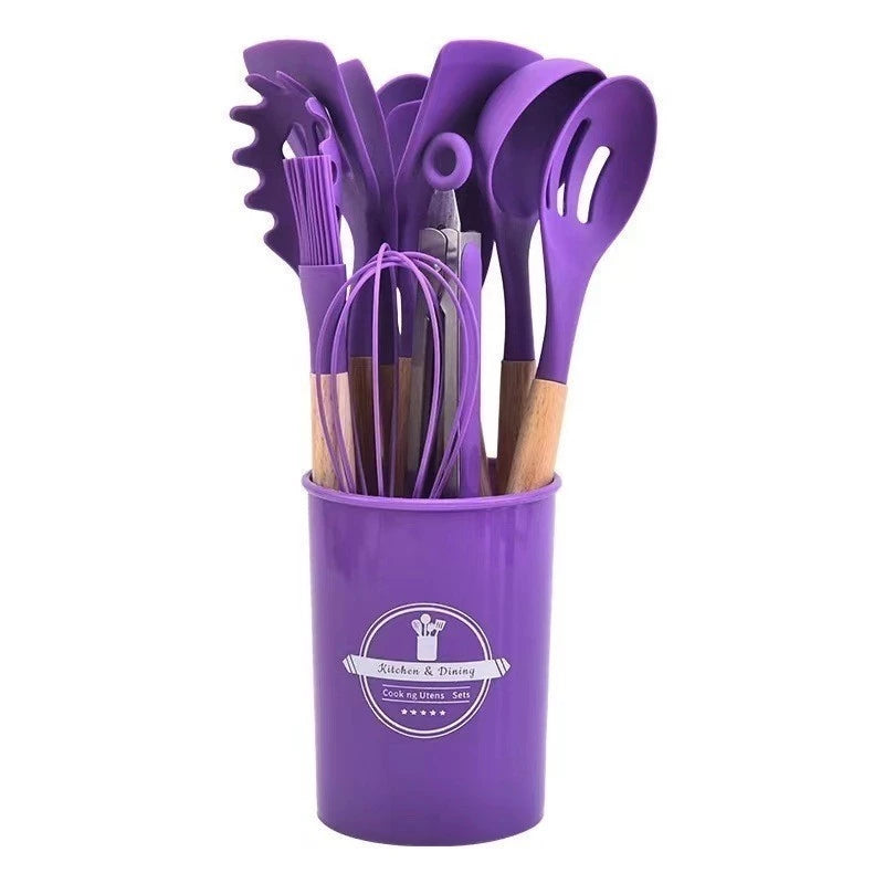 12 utensílios - Conjunto de Utensílios Ambiencci para Cozinha com Cabo de Madeira e Silicone (12 peças)